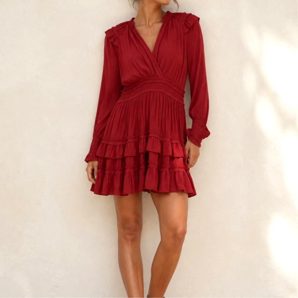 Anthropologie Current Air Wine Red Mini Dress Tiered Romantic Boho Size Small